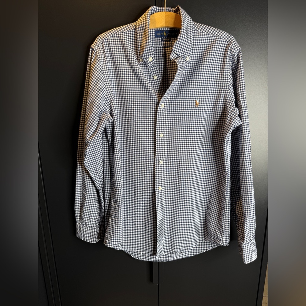 Ralph Lauren Men Medium Navy and White Gingham Cotton Button Down Shirt
